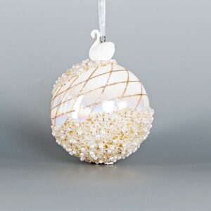 ΓΥΑΛΙΝΗ ΜΠΑΛΑ, ΙΡΙΔΙΖΟΥΣΑ ΛΕΥΚΗ ΜΕ ΠΟΡΣΕΛΑΝΙΝΟ ΚΥΚΝΟ, ΜΕ ΧΑΝΤΡΕΣ, 1ΤΜΧ, 10cm - Image 1