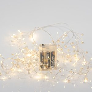 CLUSTER 2m, 120 MINI LED, ΠΕΡΛΕΣ, ΜΠΑΤΑΡΙΑΣ 3xAA, ΑΣΗΜΙ ΧΑΛΚΙΝΟ ΚΑΛΩΔΙΟ, ΘΕΡΜΟ ΛΕΥΚΟ LED, ΠΡΟΕΚΤΑΣΗ ΠΑΡΟΧΗΣ 50cm, IP20 - Image 1