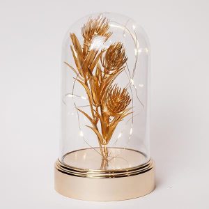 ΠΛΑΣΤΙΚΟΣ ΘΟΛΟΣ H20cm, Φ11cm, ΜΠΑΤΑΡΙΑΣ 3XAA, ΧΡΟΝΟΔΙΑΚΟΠΤΗΣ, 10 ΘΕΡΜΑ ΛΕΥΚΑ LED, ΑΣΗΜΈΝΙΟ ΧΑΛΚΙΝΟ ΚΑΛΩΔΙΟ, ΧΡΥΣΟ ΛΟΥΛΟΥΔΙ ΜΕ ΦΥΛΛΑ, IP20 - Image 1