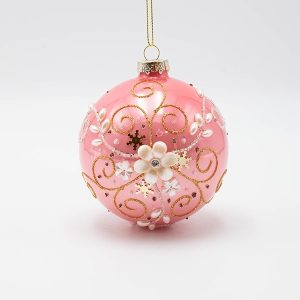 ΓΥΑΛΙΝΗ ΜΠΑΛΑ, ΡΟΖ ΜΕ ΛΕΥΚΟ ΠΕΡΛΕ ΛΟΥΛΟΥΔΙ, ΣΕΤ 4ΤΜΧ, 10cm - Image 1