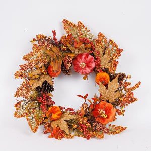 ΣΤΕΦΑΝΙ ΜΕ ΦΥΛΛΑ ΣΦΕΝΔΑΜΟΥ ΚΑΙ ΠΟΡΤΟΚΑΛΙ ΒΕΛΟΥΔΙΝΕΣ ΚΟΛΟΚΥΘΕΣ, 60cm - Image 1